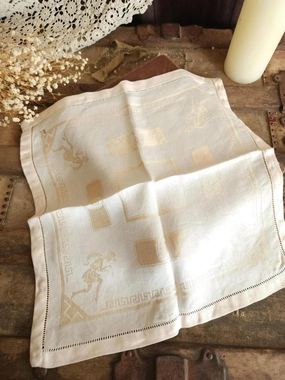 Vintage 1920s 1930s Luncheon Napkin, Damask in a Hellenic Greek Motif, 15